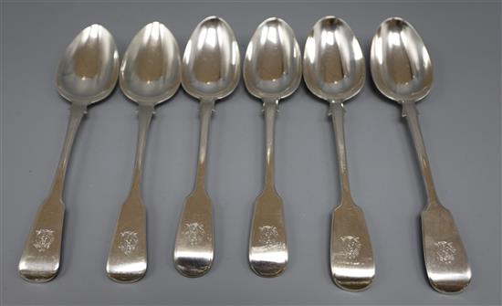 A pair of George III silver fiddle pattern tablespoons, London, 1814 and two pairs of similar Victorian tablespoons, 14 oz.